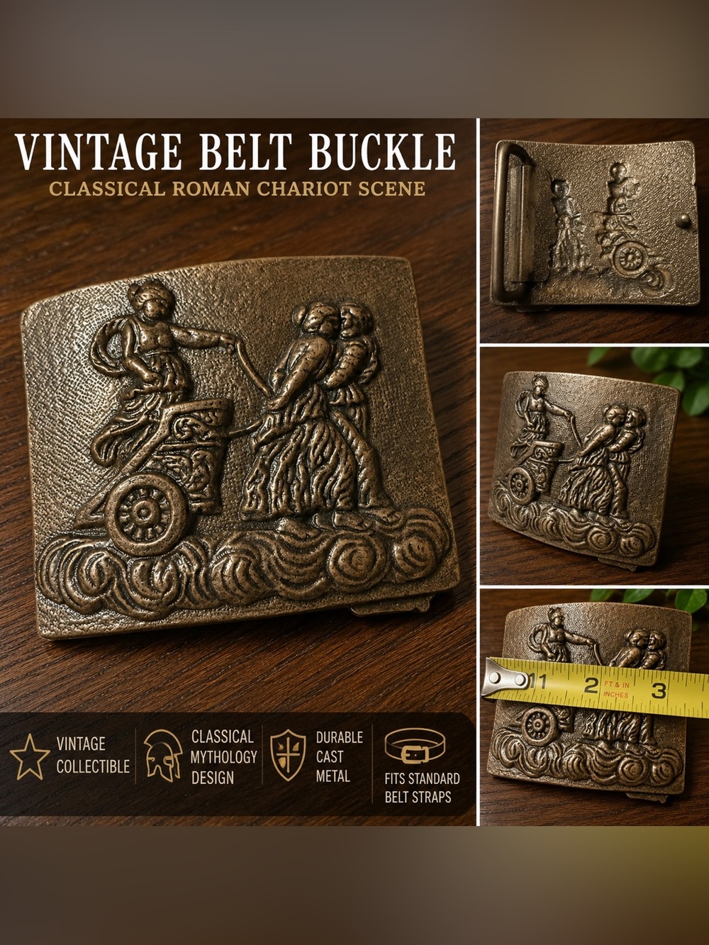 Vintage Cast Metal Belt Buckle Classical Roman Chariot Scene Mythology Art